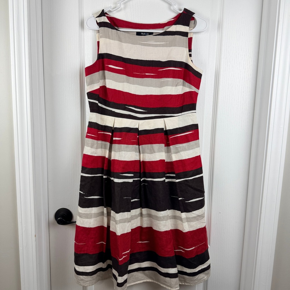 Style & Co Women's 8 Petite Red Black Beige Striped‎ Linen Sleeveless Dress